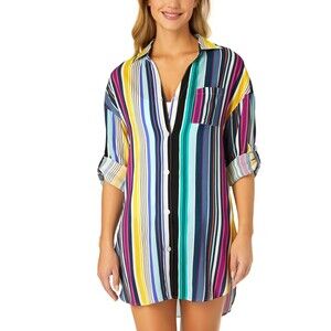 Anne Cole Cover-Up Shirt Womens XS/S Multicolor Striped Button Down Swim Tunic